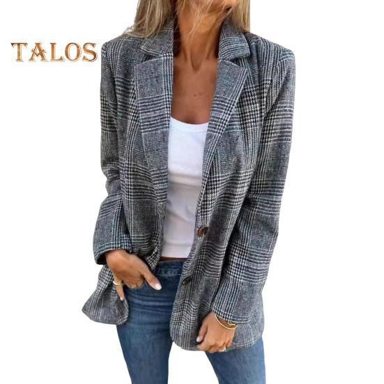 Dressjakke for kvinner Lapel Langermet Houndstooth Print Single-Breasted Cardigan Style Dressjakke med klafflommer Løs passform Business Yttertøy