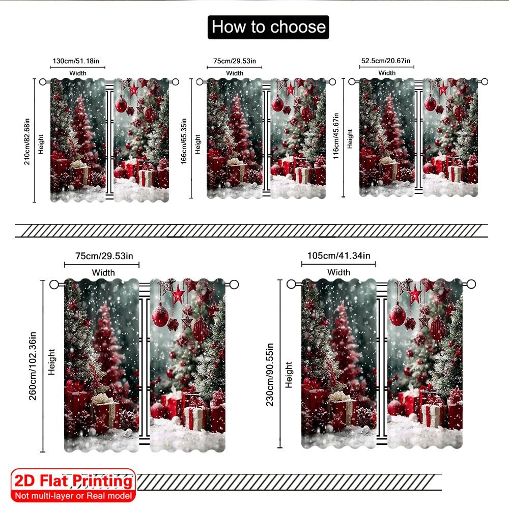 2pcs 2D flat printing Christmas Party Curtain Green Pine Trees_ and Red Gift Machine Washable Fabric Without Electricity