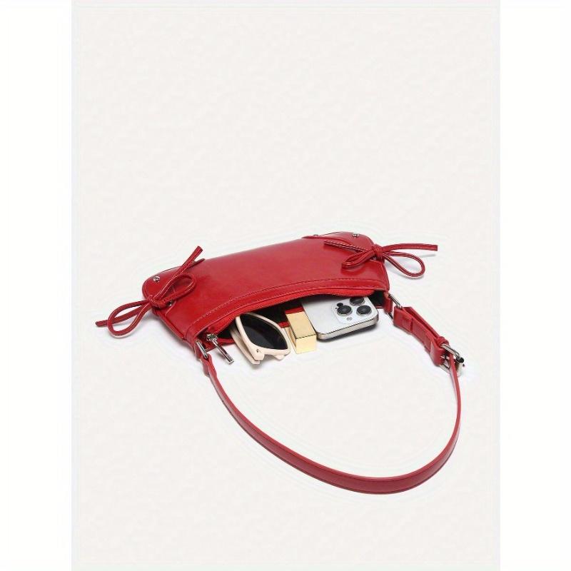1pc Retro Strap Bow Decor Exposed Maroon/Yellow & Leopard Print Shoulder Armpit Baguette Bag, Suitable For Dating, Going Out, Party, Animal Print