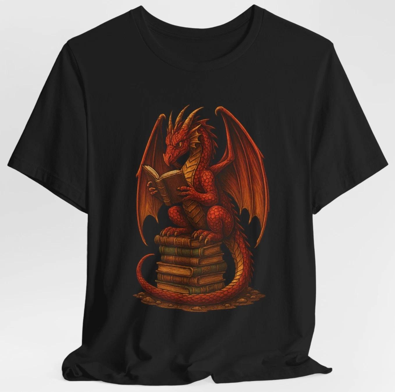 Reading Dragon t Shirt Fantasy Art Red Dragon Sitting on Books Mythical Creature M