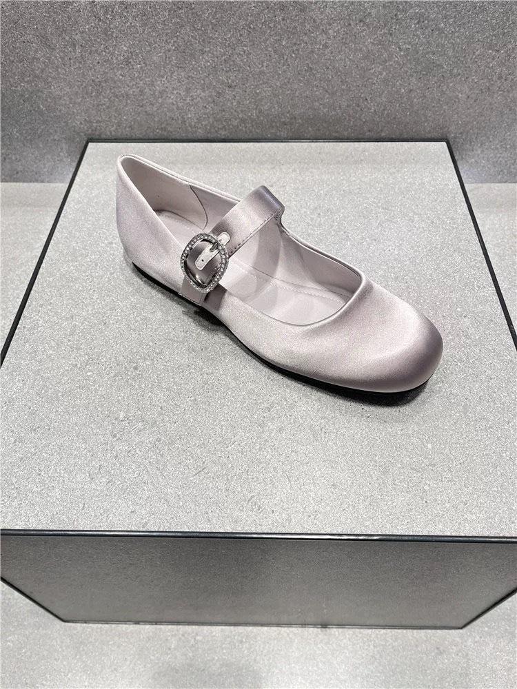 Leather Satin Rhinestone One-word Buckle with Round Head Mary Jane Single Shoes Women's 2025 New Spring Ballet Flats
