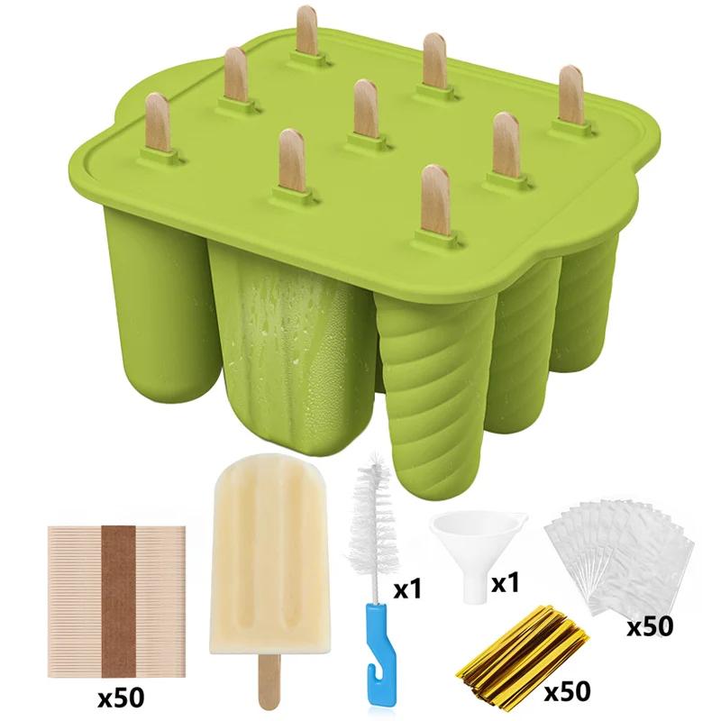 Homemade Home 9 Cavity Ice Cream Mold Food Grade Silicone Popsicles Molds With Wooden Sticks Ice Pop Molds Maker Summer