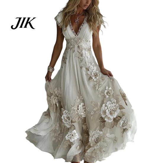 Šaty do áčka Letní Květinové Maxi pro Ženy Krátký Rukáv V Elegantní Potisk Výstřih Rozšířené Plážová Dovolená Letní Šaty Lehký