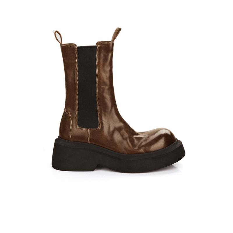 Grape Mom Western Chelsea Cigarette Boots Women's Retro Washed Medium Tube Elastic Boots Small Thick-soled Height Boots