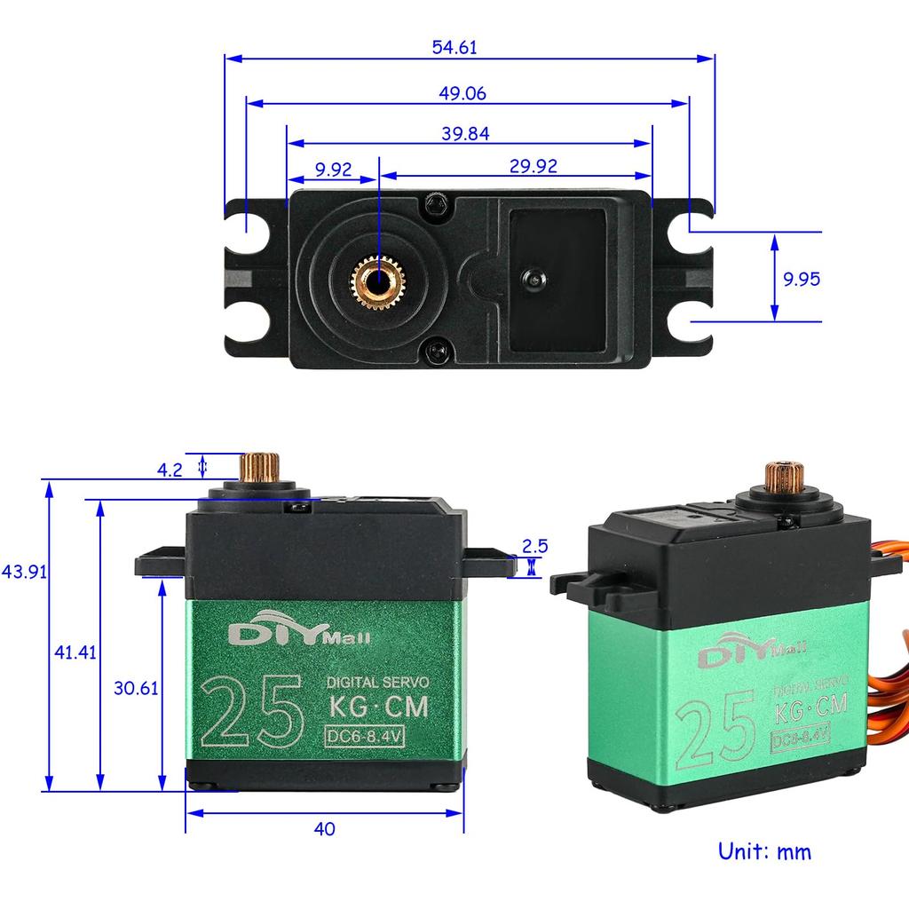 DIYmall TD-8825MG Digital Servo, 25kg, High Torque, 360° Continuous Rotation, Angle Controllable, 500-2500usec, Metal Gear, for RC Robots, Gimbals,