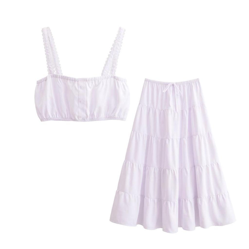 Spring 2025 Women's Fashion: European & American Style Poplin Short Top with Midi Skirt