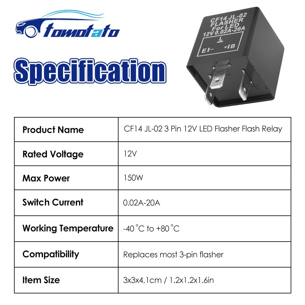 12V LED Flasher Relay, CF14 JL-02 3 Pin LED Flasher Flash Relay for Car Motorcycle Turn Signal Light Hyper Flash Fix
