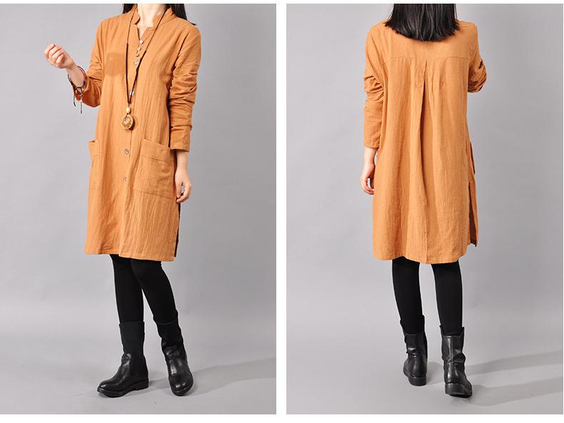 2025 Spring Korean Plus Size Women's Cotton Linen Shirt Dress with Half-Open Collar and Long Sleeves