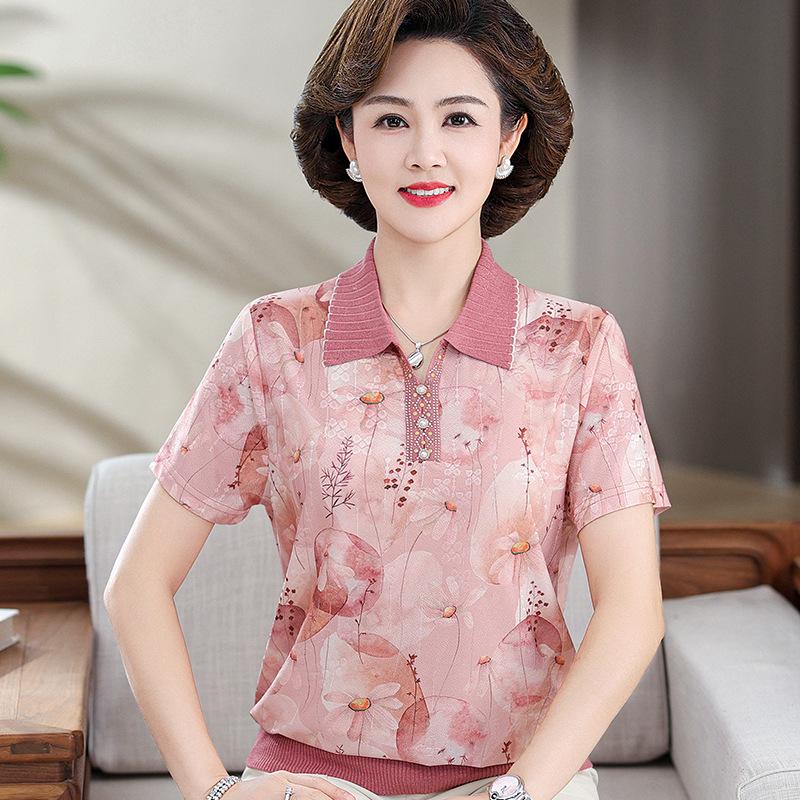 

2026 Summer Ice Silk Lapel T-shirt - Short Sleeve, Petite Size, for Middle-Aged and Elderly Women 2XL (110-120 lbs) рожевий