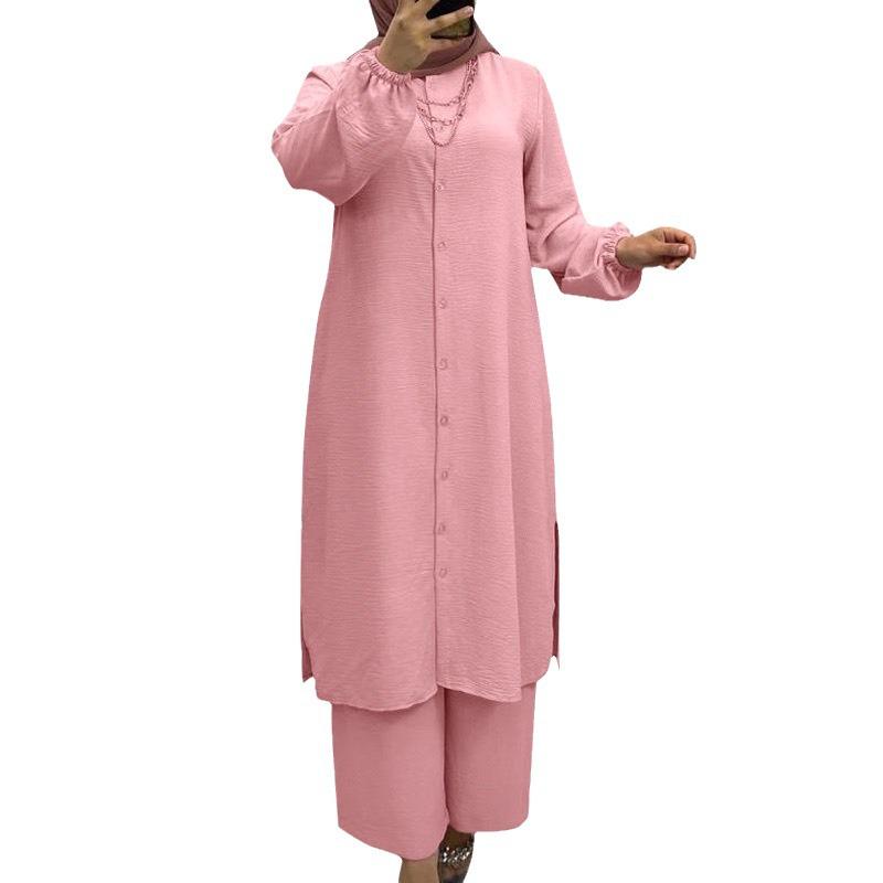 In Stock: Middle Eastern Muslim Solid Color Casual Button Long Sleeve & Elastic Pants Set