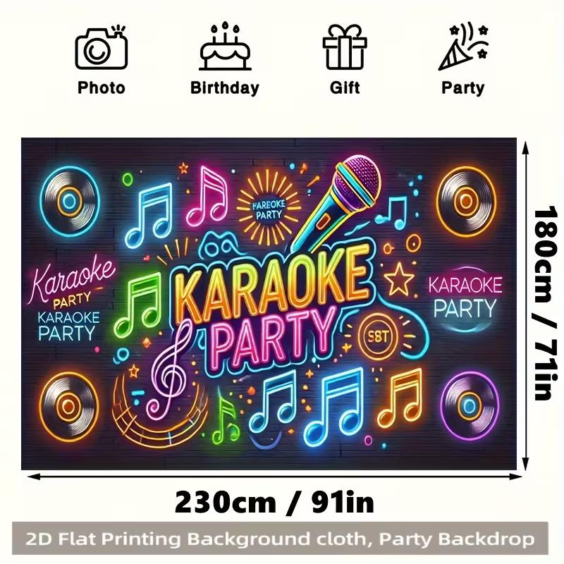 Karaoke Party Photo Booth Background, Neon Microphone & Vinyl Record Backdrop for Themed Events