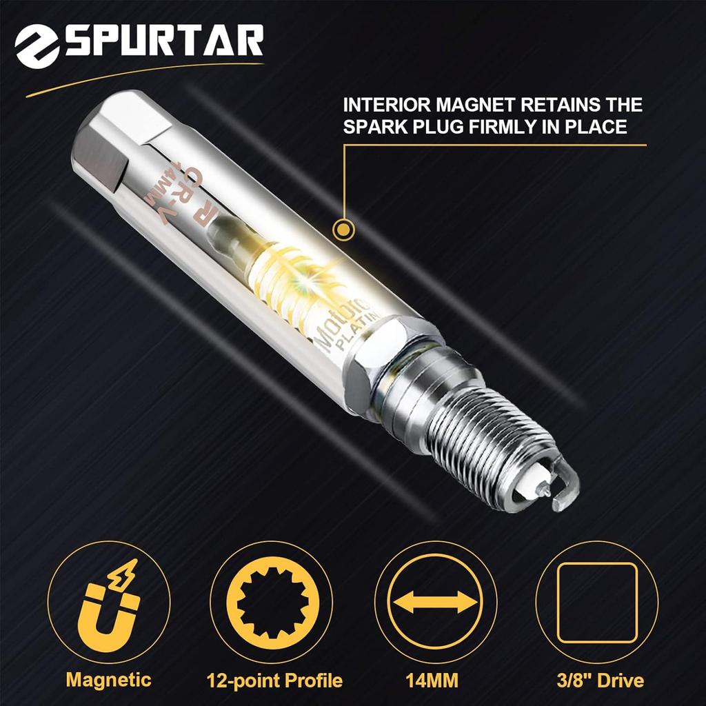 Spurtar 14mm Spark Plug Socket 3/8-inch Drive Thin Wall Magnetic Spark Plug Socket - 12-Point Design Compatible with BMW, Mercedes, Nissan, Mini