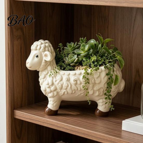 Decorative Plant Holder for Balcony Curly Sheep Planter Pot, Resin Cute Lamb Flower Desktop Pot Animal Succulents Cacti Indoor Outdoor Decoration