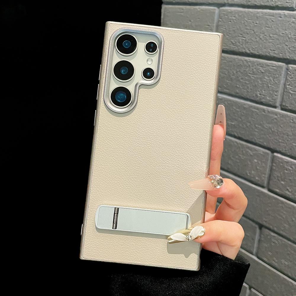 Natural Titanium Metal Holder Leather Phone Case for Samsung Galaxy S24 S23 S22 Ultra Plus Metal Button Shockproof Hard Cover