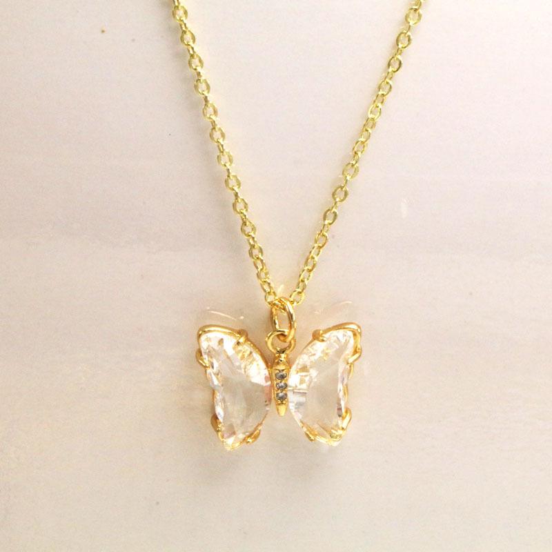 Koreanskt flerfärgat kristallfjärilshalsband - Guldpläterad titanstål nyckelbenskedja för kvinnor