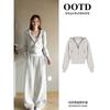 Womens 2-Piece Casual Set Fall 2026 Korean Style Hooded Cropped Sweatshirt Wide Leg Pants Gray Mix