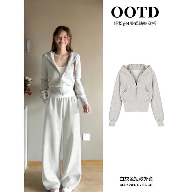 Womens 2-Piece Casual Set Fall 2026 Korean Style Hooded Cropped Sweatshirt Wide Leg Pants Gray Mix
