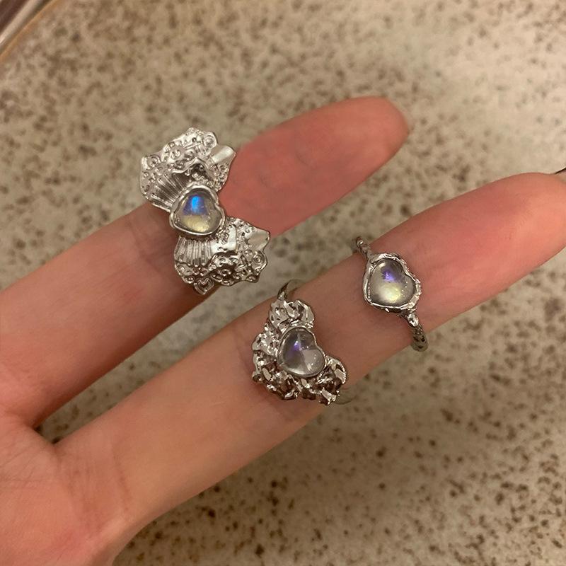 Niche Design Sense Cold Love Moonstone Opening French Irregular Gemstone Ring Women'S High Sense Of Tide