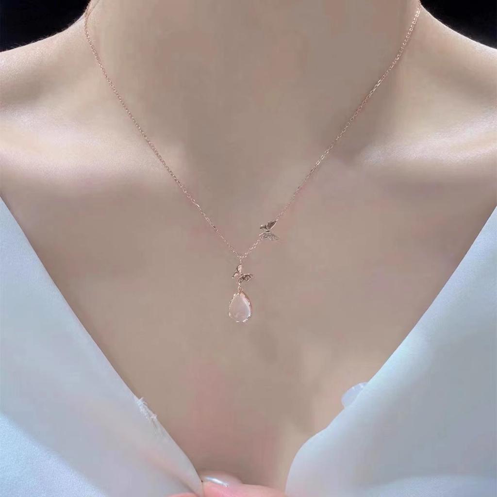 Pink chalcedony butterfly necklace women's light luxury simple temperament niche design sense exquisite versatile tide water drop collarbone chain