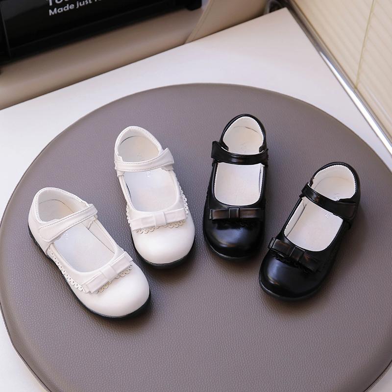 Girls School Shoes Black White Matte Kids Princess Shoes with Simple Bow 2025 New Children Flat Shoes Round Toes Soild Color