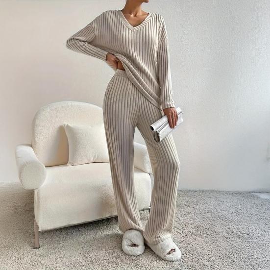 Damen Loungewear Set Geripptes Langarm-Oberteil und Weite Hose Passendes Pyjama-Set Lässige 2-teilige Outfits