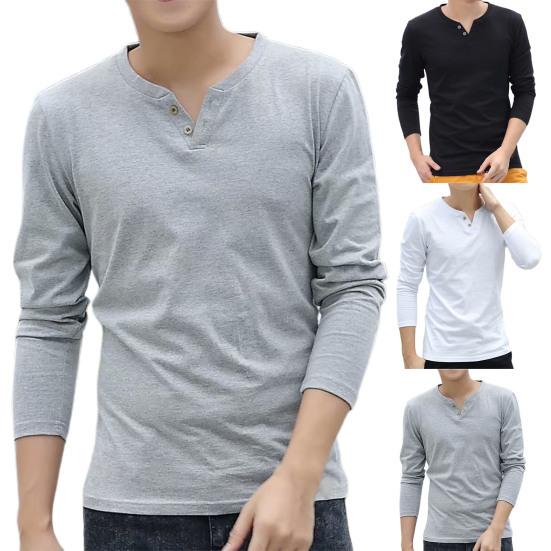 Men T-shirt V Neck Buttons Decoration Slim All Match Spring Base Shirt for Daily Wear