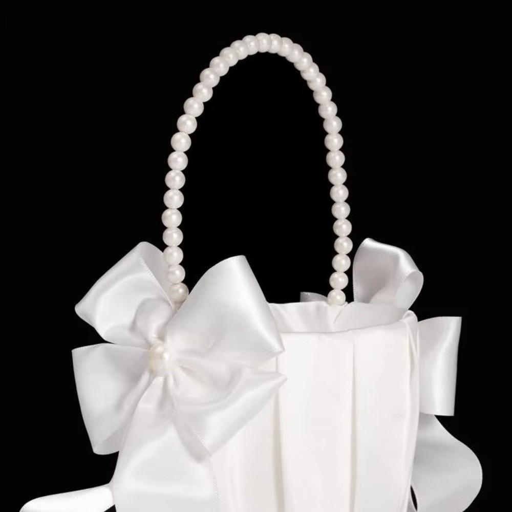 Satin White Wedding Flower Basket Rustic Bowknot Flower Girl Basket  Floral Petals