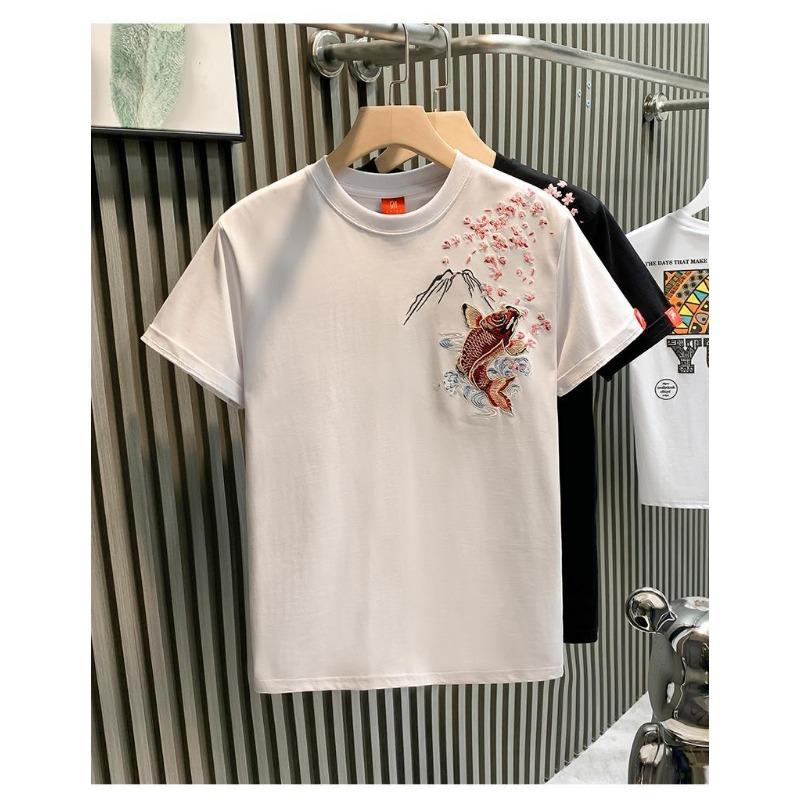 Men's Koi Fish Cherry Blossom Embroidery Back Print Short Sleeve T-Shirt Casual Streetwear Top