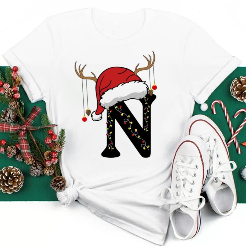 Christmas Hat A To Z Letters Tshirt Christmas Family Activity Sleeved Streetwear Harajuku Short Sleeve Casual Aesthetic Clothes
