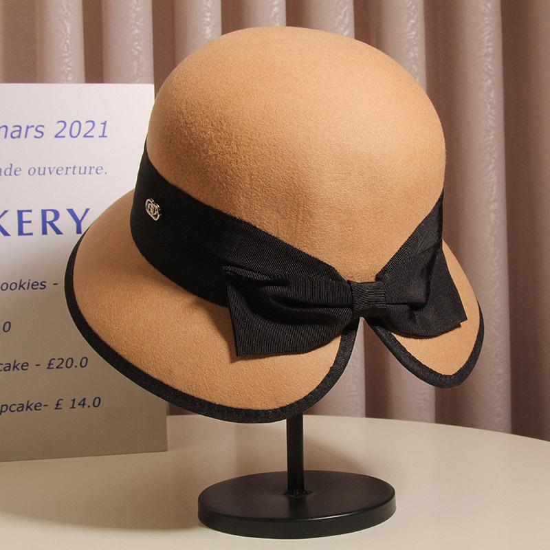 

Корейская шляпа-клош из шерсти в стиле Хепберн с лентой и бантом для женщин, новая, высокого класса, контрастного цвета, осенне-зимняя шерстяная шляпа рыбака M (56-58cm) Adjustable