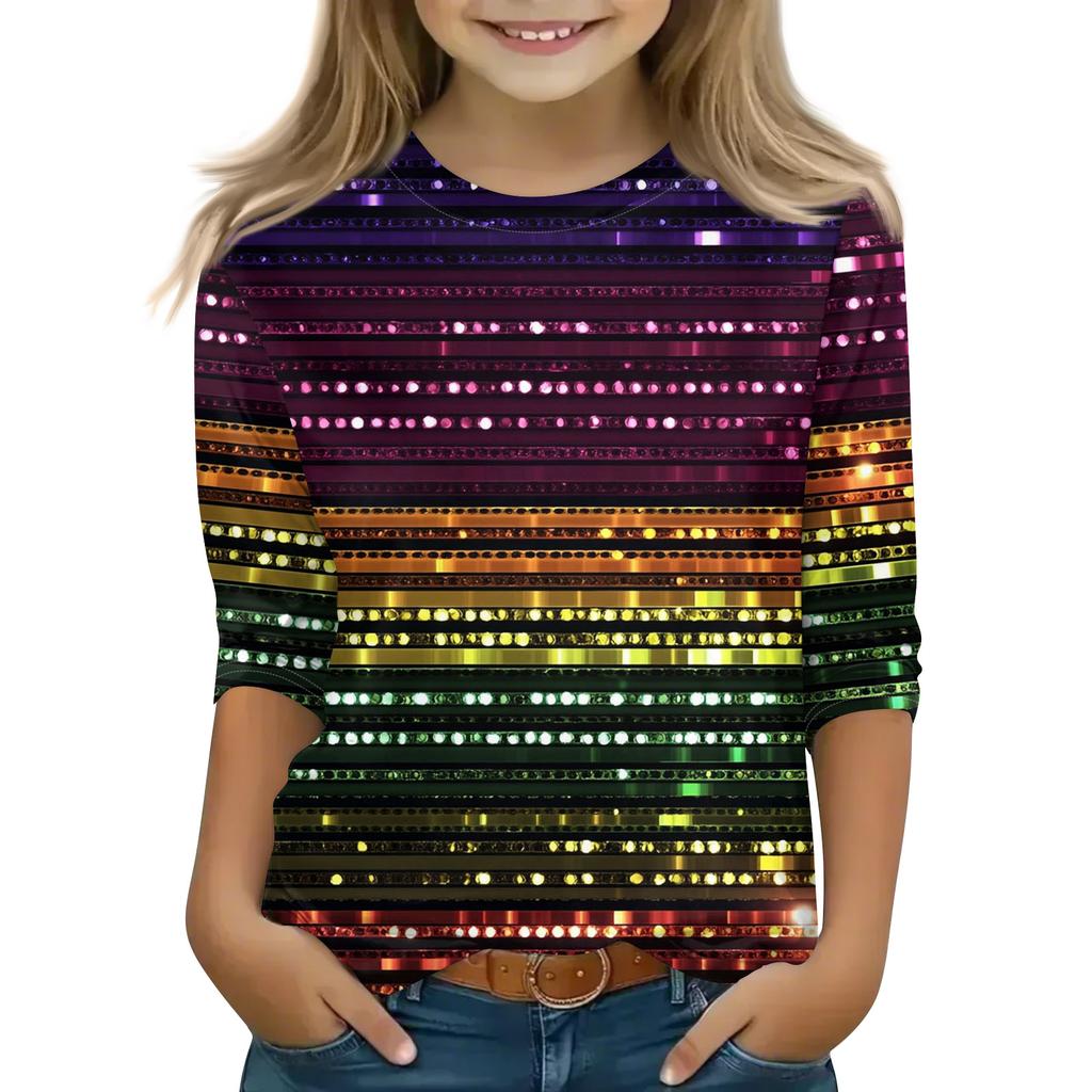 Print Tops For Youth Girls Round Neck 3/4 Sleeves T-Shirts Trendy Tops Outfit Tees