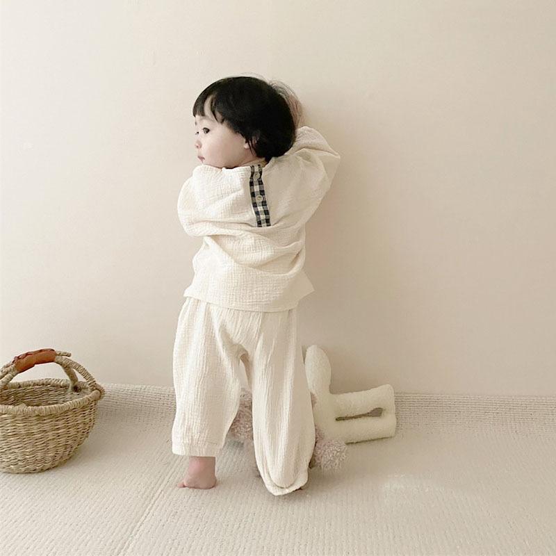 Baby Cotton Linen Clothes Set Plaid Cartoon Casual Tops + Pants 2pcs Baby Set Cute Boy Girls Comfortable Infant Outfits