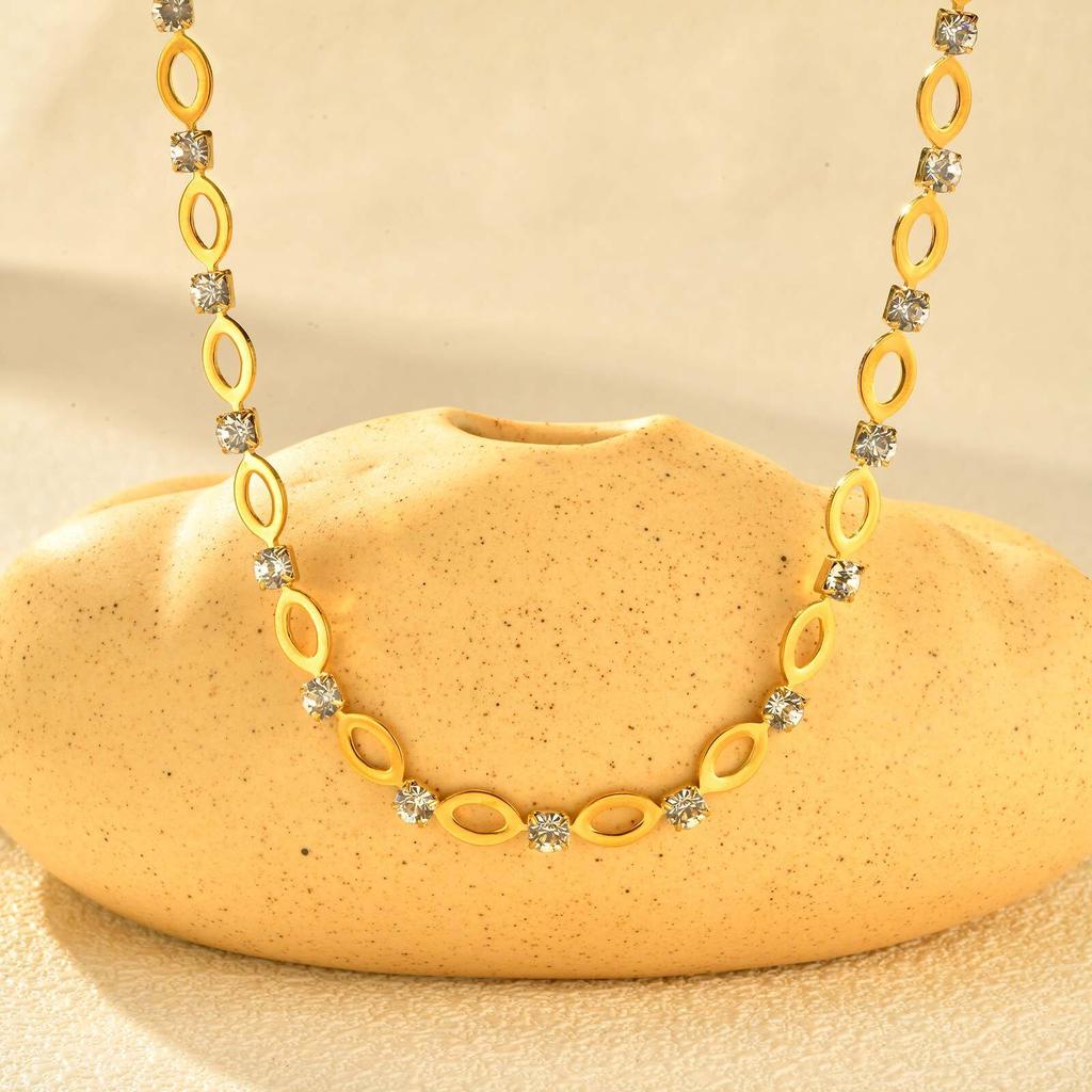 Vnox Oval Geometric Stainless Steel Chain Bracelet Necklace For Women With Shiny Zircon Fashion Jewelry Set Accessory Gift