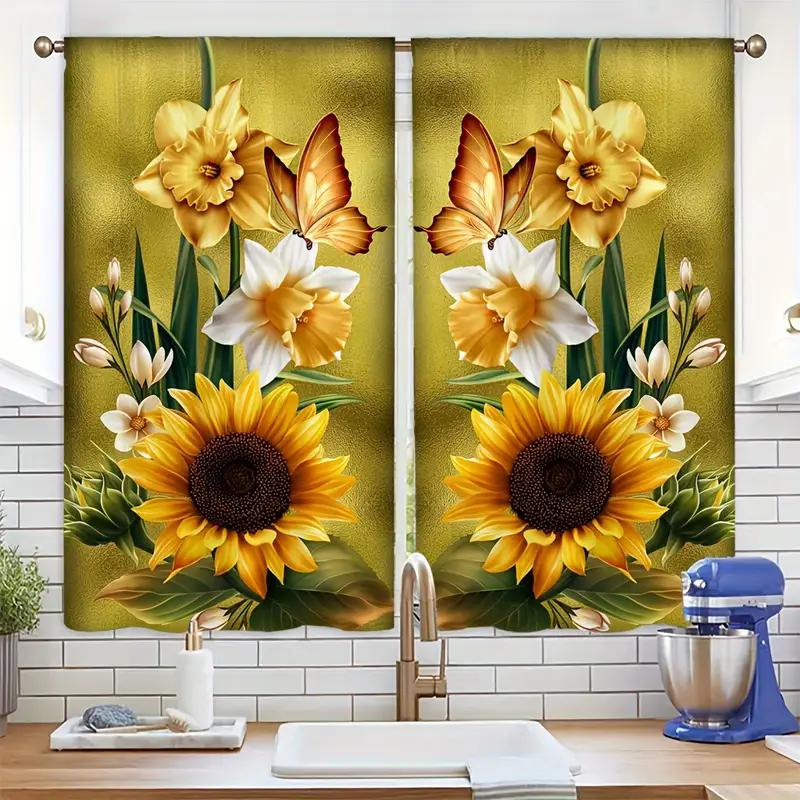 

Retro spring butterfly-themed decoration, sunflower-printed curtains, suitable for bedroom and living room home decoration 29Wx64L(75x166CM)x2