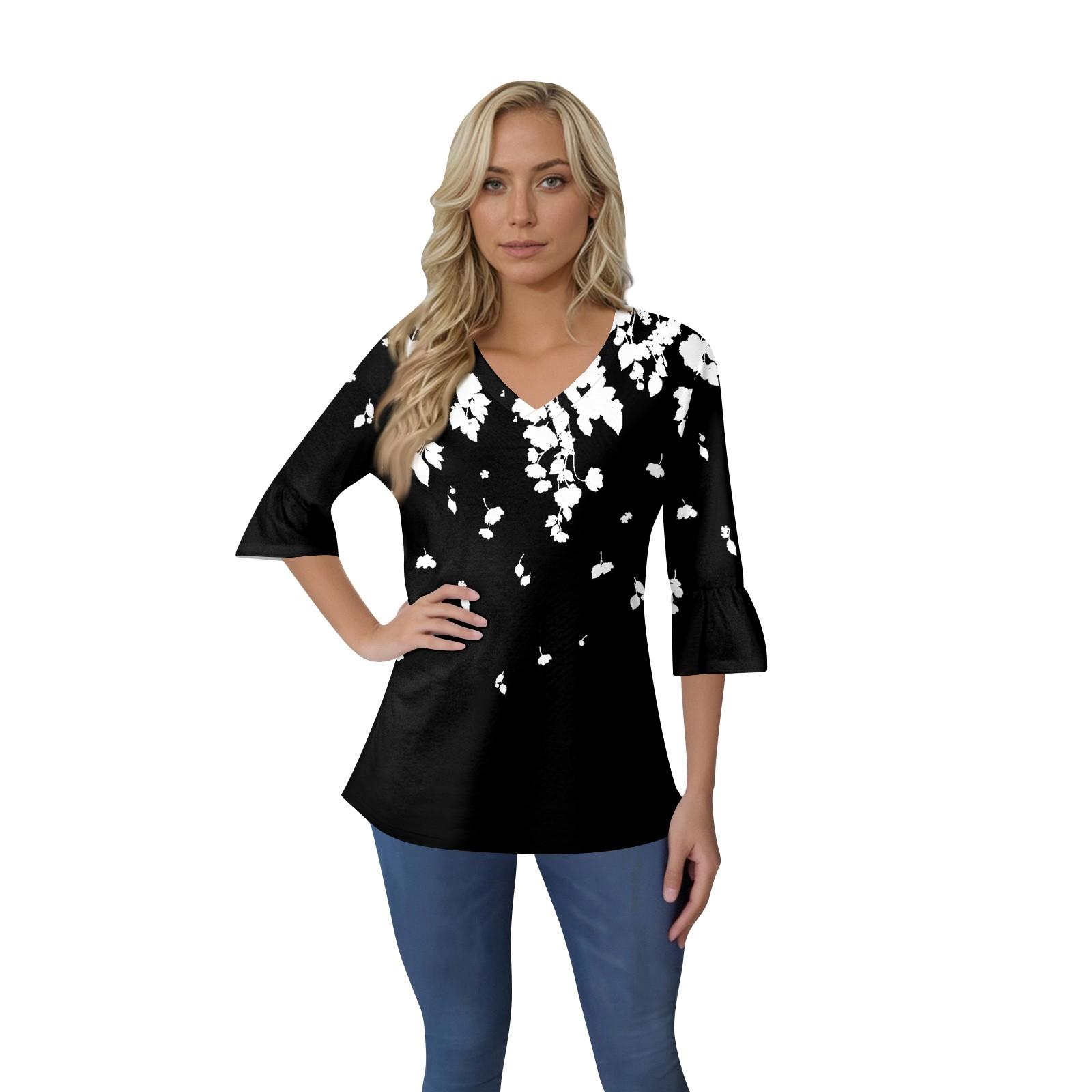 

Женский повседневный топ с рукавами 3/4, летняя футболка с v-образным вырезом и пышными рукавами L чёрный