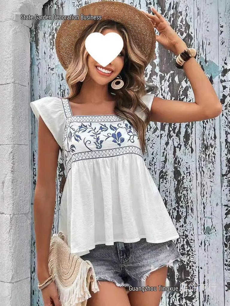 Women's Embroidered Lace-Up Square Neck Ruffle Top with Flutter Sleeves