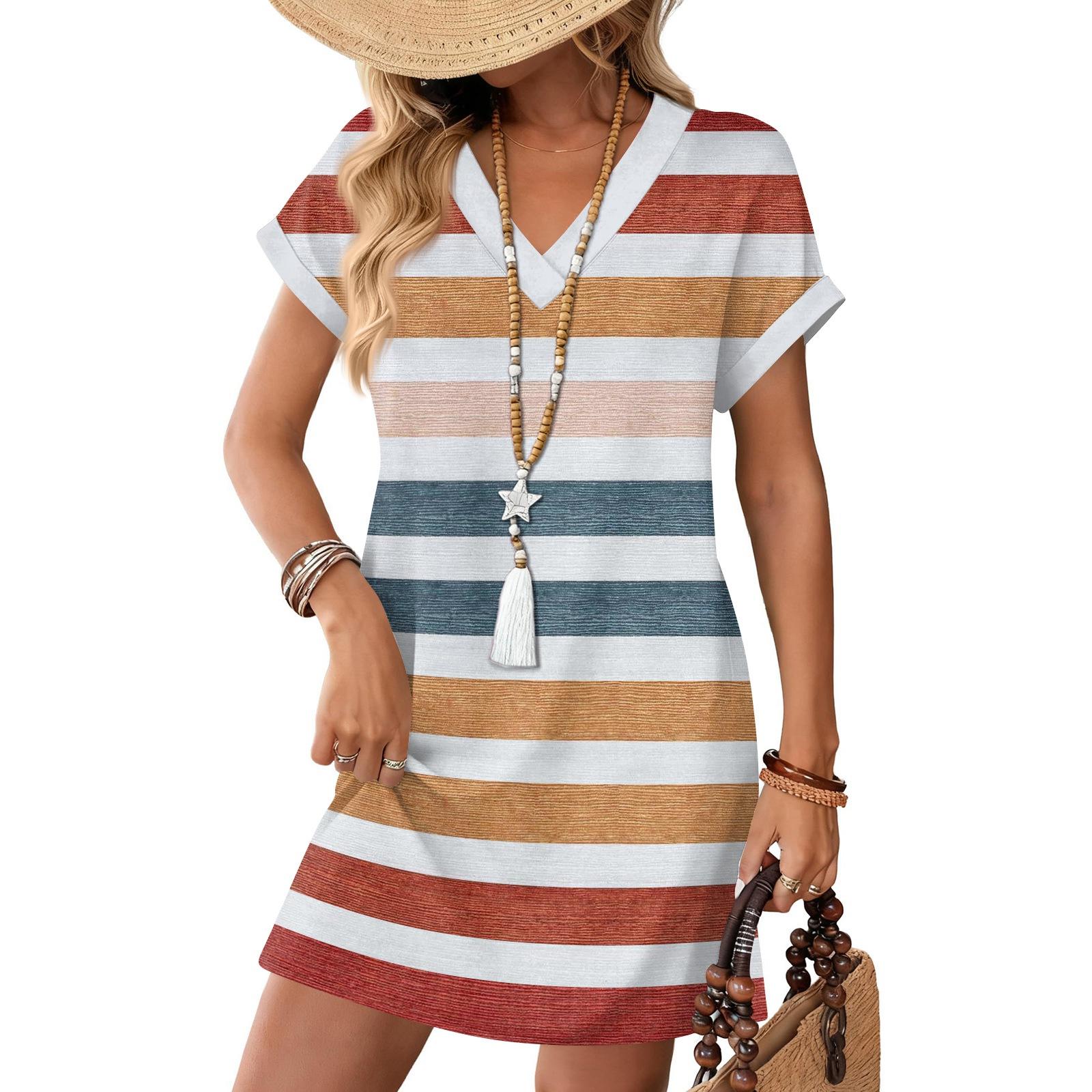

Women s Fashion Striped Print V-Neck Short Sleeve Pocket Casual Pullover Dress XL жовтий
