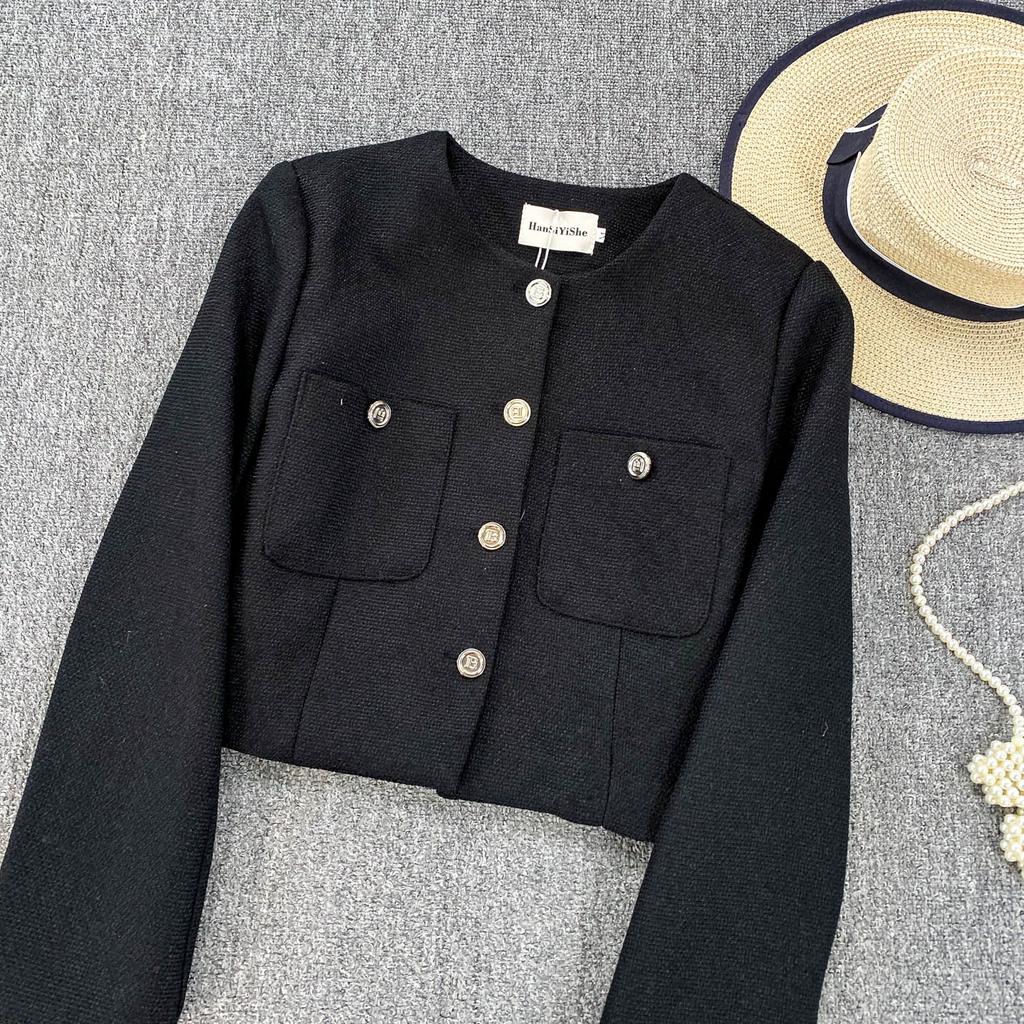 Autumn Winter Women Elegant Little Fragrant Wind Full Sleeve Single Breasted Tweed Short Jacket Coat with Pocket