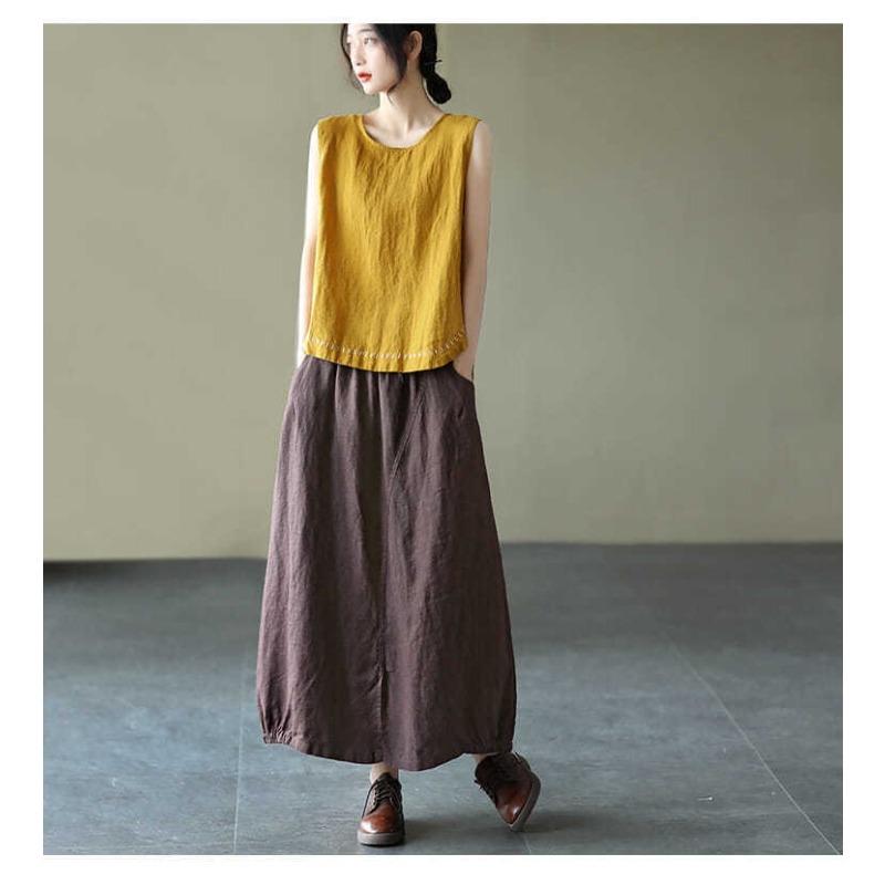 Solid Color Cotton and Linen Embroidered Vest T-shirt Women's Summer Loose Casual Sleeveless Top