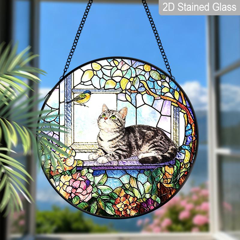 2D Flat Stained Glass Cat Window Decoration, 7.87inches Cat On The Windowsill Flowers Design Colored Glass Plate with Chain, Charming Spring Summer