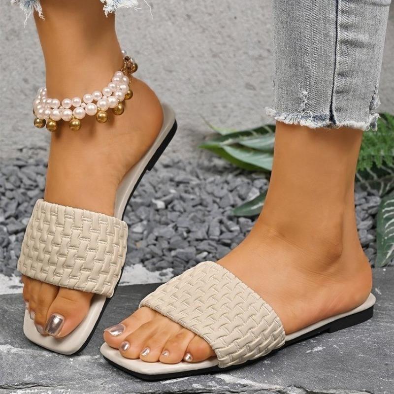

Fashion Women Slippers Summer Fashion Beach Mules Casual Indoor Home Slippers Selling Sexy Braided Square Toe Flat Sandals Slides Women 43 бежевый