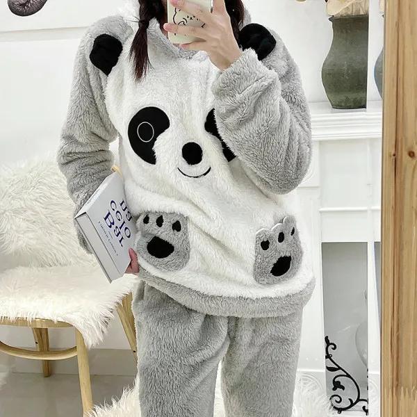 Autumn/winter Women's Flannel Hooded Pajama Suit Cute Thickened Long Plush Homewear Outerwear