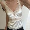 Y2K Retro Back Satin Wide Shoulder Strap V-neck Base Lace Patchwork Sleeveless Camisole Vest