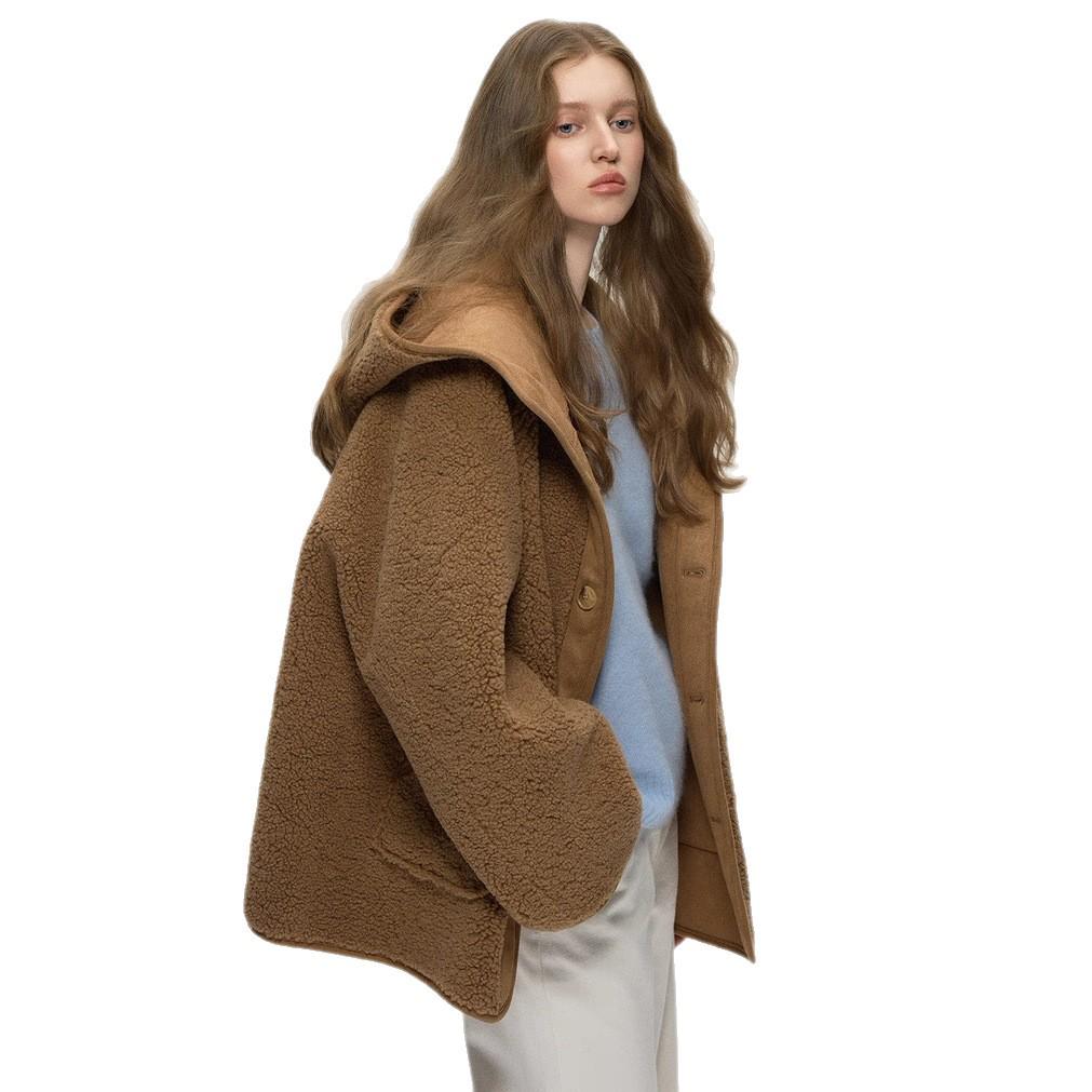 2026 A/W Women's Textured Lambswool Hooded Fur Coat