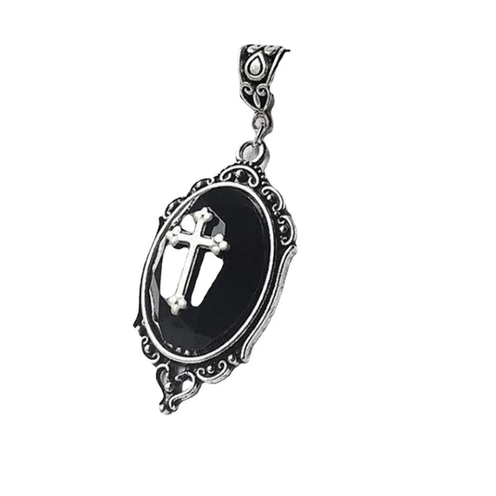 Charm Gothic Geometric Oval Sliver Color Bat Cross Relievo Pendant Black Velvet Necklace for Women Halloween Choker Jewelry Gift