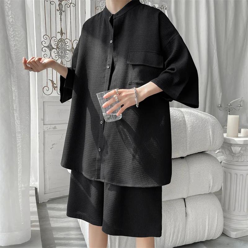 

Рубашка костюм мужской летний тонкий модный короткий рукав эластичный пояс шорты мужчины S чёрный