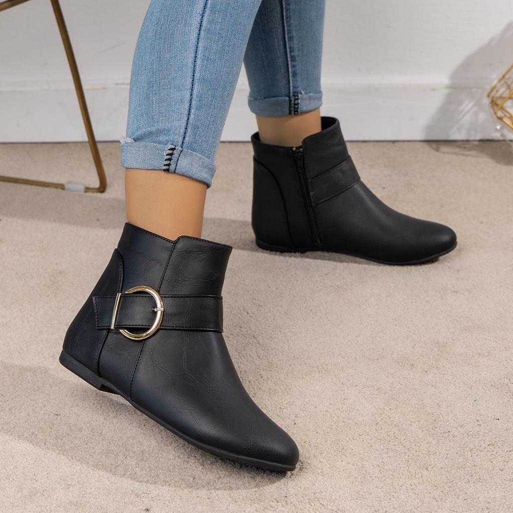 Large size fashion Chelsea big buckle side zipper single boots new solid color flat bottom fashion boots
