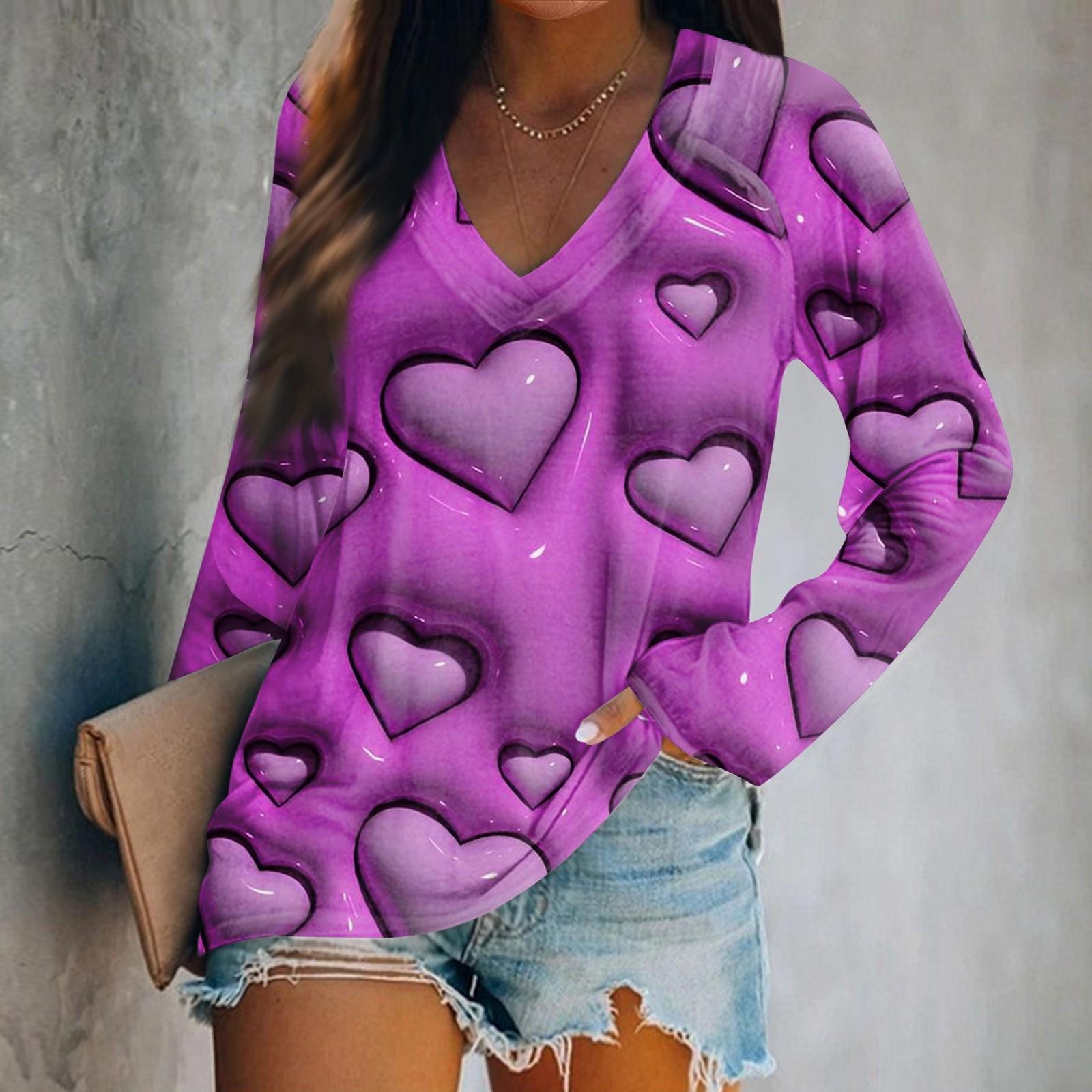 

Женская футболка с длинными рукавами и V-образным вырезом с принтом ко Дню святого Валентина. Повседневный и удобный топ XL фиолетовый