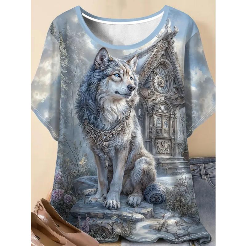 Fashion Women's Animal Short Sleeve 3D Animal Color Printing Crew Neck T-Shirt Crew Neck Short Sleeve