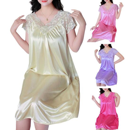 Cheap Women's V-neck Lace Stitching Nightdress Soft Satin Fabric Short ...